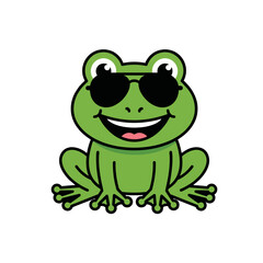 Fototapeta premium Cute Funny Frog Logo Wearing Sunglasses, Cheerful Expression, Simple Geometric Shapes, Flat Vector Logo, Centered Composition