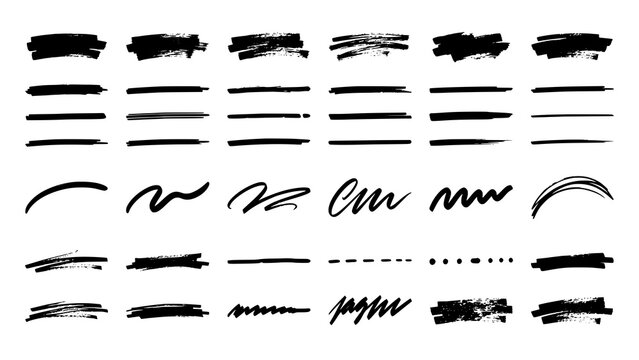 Black ink marker scribble strokes and grunge highlight text underlines collection