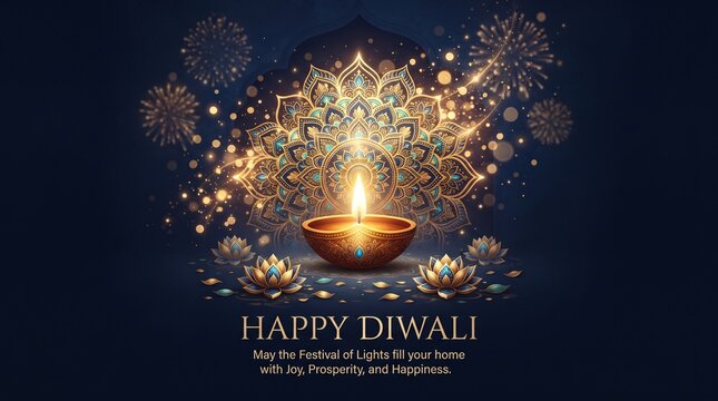 Traditional glowing diya lamp centered before an intricate golden mandala pattern celebrating the beautiful hindu festival of lights diwali holiday