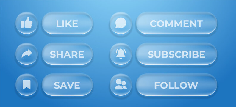 Like, comment, share, follow, subscribe and save buttons icon in liquid glass morphism style. Circle and rounded glass frames in blue background