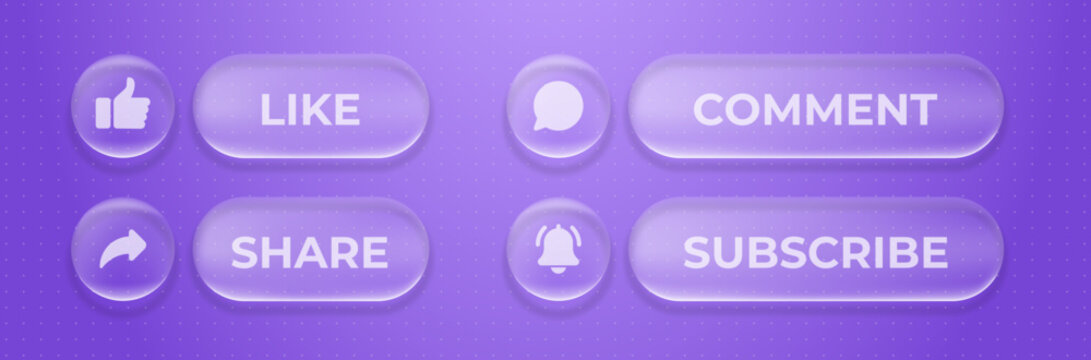 Like, comment, share and subscribe buttons icon in liquid glass morphism style. Circle and rounded glass frames in purple background