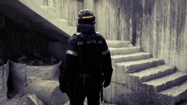 Helmeted firefighter in concrete stairwell moving downward with flashlight, scanning smoky dim steps and rubble while preparing for emergency rescue operation