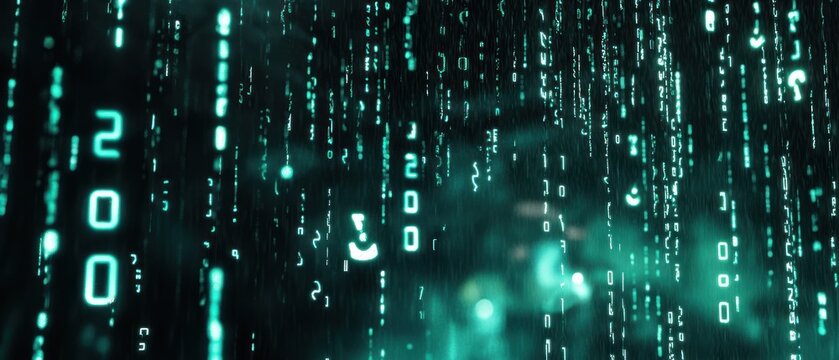 Digital rain of glowing green binary code stream flowing