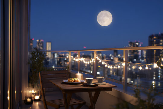 Romantic Balcony Dining with Cityscape and Full Moon at Night