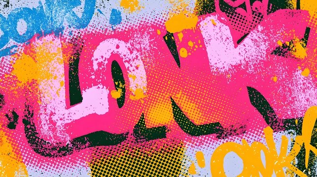 Colorful risograph effect print texture with text. Riso overlay punk graffiti background with linocut printmaking. Letterpress bright analog print. Pink punk grunge background with overlay halftone
