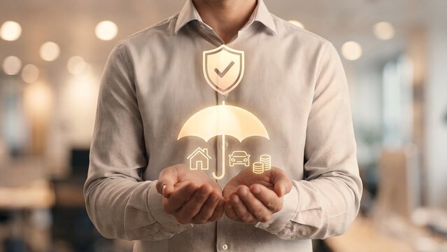 Insurance coverage and asset protection, man holding umbrella over house, car and coin icons with shield checkmark, home and auto insurance policy, family financial security and savings safeguard