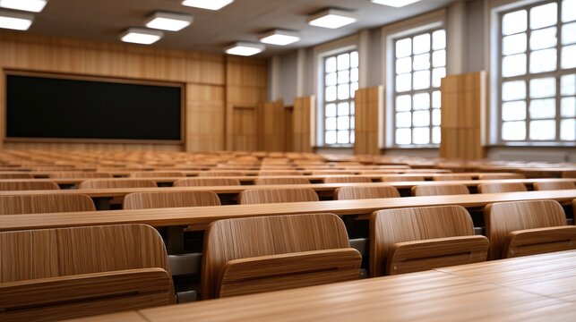 Rows of empty wooden lecture hall seats with a chalkboard in the background