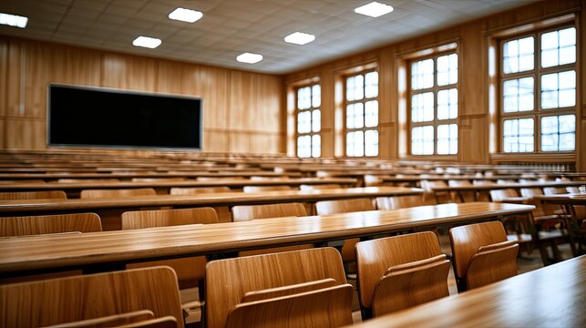 Empty wooden lecture hall with rows of desks and a blackboard
