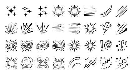 Set of comic book action effect elements and speech bubbles in black and white © Kapilbiswas
