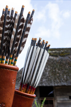 leather bow quivers with birch pitch feathered arrows, 
arrow making, viking archery