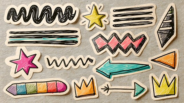 Funky doodle scrapbook collage vector stickers. Crayon drawn doodle elements cut out on beige craft paper. Hand drawn scrapbook stickers with squiggle lines, underlines, stars, arrows and crowns.