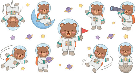 Cute teddy bear astronaut cartoon character vector set floating in space with moon stars and planets elements © MST
