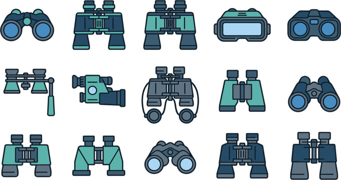 Binoculars and optical spyglass line icons vector set with opera glasses and night vision goggles on white background