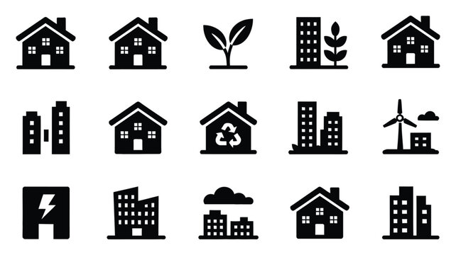 Eco friendly building icons featuring green energy sustainable architecture renewable technology and urban design vector illustration