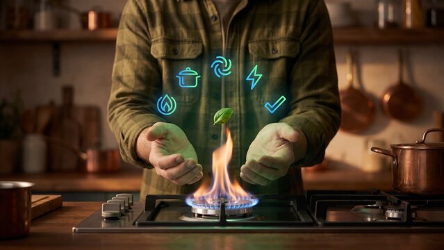 Biogas and renewable natural gas, man with cupped hands around gas stove flame with leaf, cooking pot and energy icons in kitchen, green cooking, sustainable home energy and clean fuel supply
