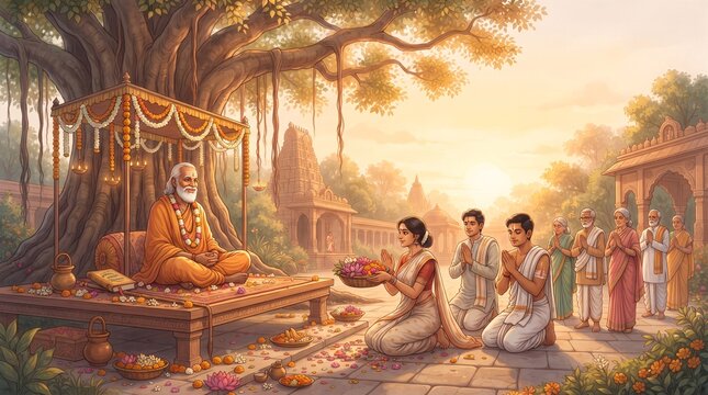 Hindu guru sitting under a large banyan tree receiving offerings from devotees in a traditional temple courtyard during a peaceful golden hour sunset with flowers and incense in India.