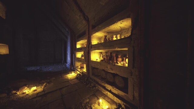 Museum cellar displaying ancient urns under low amber light, archival shelves holding labeled artifacts and fragile ceramics, climate controlled hush