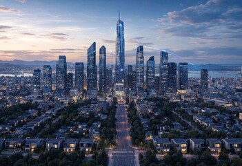 Obraz premium Miniature smart city with glowing blue network connections illustrating IoT, digital infrastructure, AI, wireless communication, automation, sustainable urban planning, future connectivity concept.