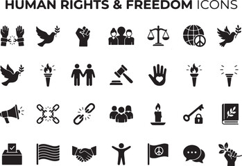 Obraz premium Human rights and freedom icons in a grid with diverse symbols for justice and peace against a white background