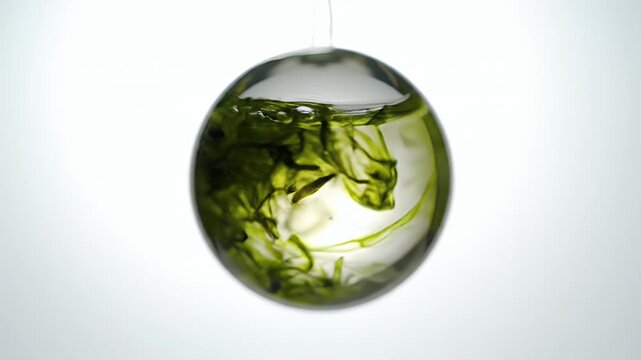 Abstract close-up of green liquid swirling and dissolving within a clear glass sphere against a white background, creating an organic, mesmerizing visual effect