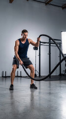 Obraz premium Fitness man rope workout garage gym strength training focus. Fitness sport exercise training. strength weight dumbbell equipment, home indoor room interior