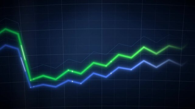 Animated financial line graph dropping sharply on a dark blue grid background