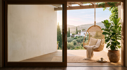 Fototapeta premium Rattan hanging chair on terrace framing a sunlit countryside village view