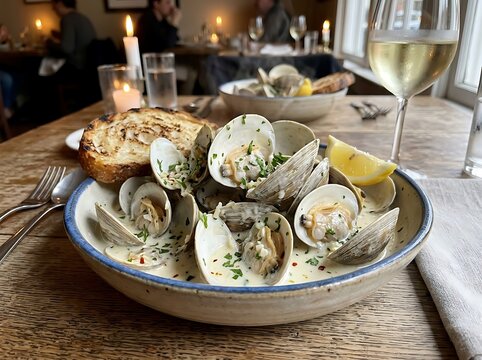 Delicious Steamed Clams in Creamy White Wine Sauce with Toasted Bread and Lemon Wedge