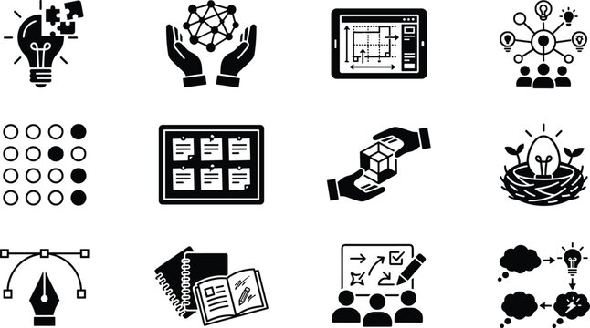 Creative Design Process and Product Development Workflow Icon Set for Innovation Project Brainstorming Startup Strategy Prototyping and Vector Design