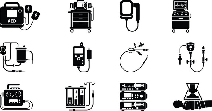 Emergency Medical Equipment and Intensive Care Unit Icons for Hospital Life Support Cardiac Therapy Patient Defibrillator and Vector Design