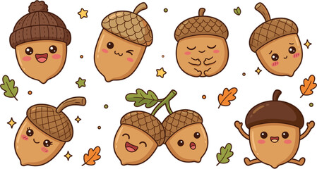 Cute acorn cartoon characters vector elements set with funny kawaii expressions and autumn leaves on white background © MST