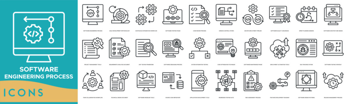 Software Engineering Process icon line illustration. Agile Development Methodology, Continuous Integration Workflow, Software Testing Phase, Code Review Process and Version Control System