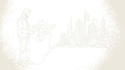 Obraz premium Architect holding blueprint plan and city skyline sketch line art background