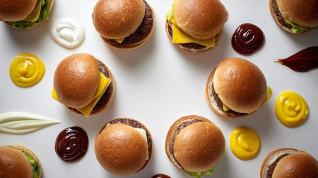 A top-down composition of burgers arranged in a circular pattern on a clean white surface with sauces around