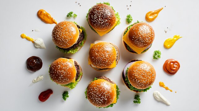A top-down composition of burgers arranged in a circular pattern on a clean white surface with sauces around