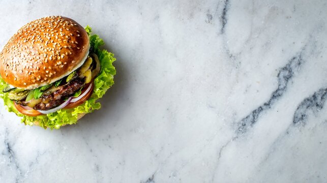 A top-down flat lay of a gourmet burger placed along the bottom edge of a light marble surface, leaving wide clean copy space above under soft daylight