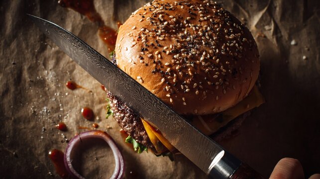 A top-down shot of a burger being sliced with visible juices and texture detail