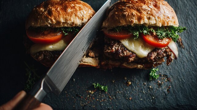 A top-down shot of a burger being sliced with visible juices and texture detail