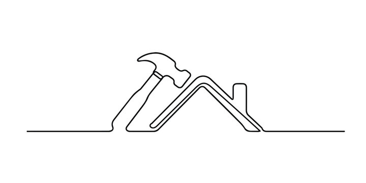 Single line abstract hammer and roof. Continuous line drawing of house roof with hammer for home repair services. Property maintenance theme. Professional outline style. One line vector illustration.