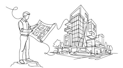Naklejka premium Architect holding blueprint looking at modern building continuous line drawing