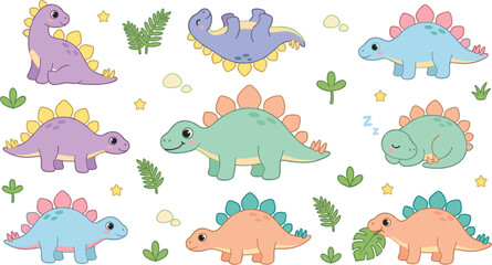 Cute stegosaurus dinosaur cartoon characters set in different poses with tropical leaves isolated on white background © MST