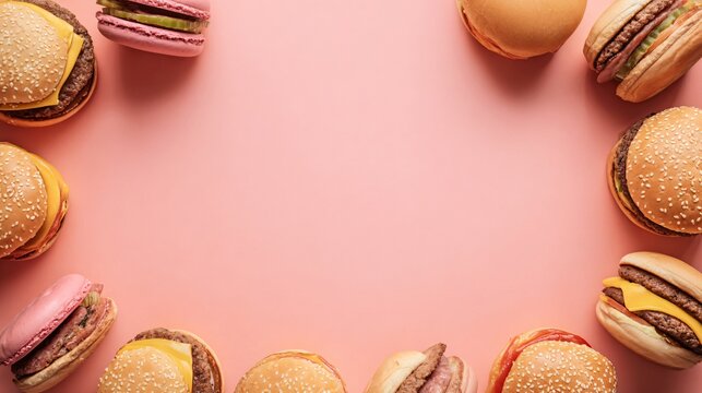 A vibrant composition of macarons forming a loose border on a pastel coral background leaving the center clear