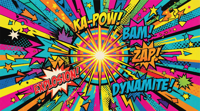 Vibrant comic burst explosion in pop art style with dynamic onomatopoeia and colorful rays.