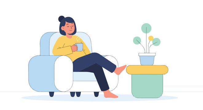 A woman enjoys a peaceful moment of relaxation, sitting in a cozy armchair with a hot beverage in hand beside a small indoor potted plant.