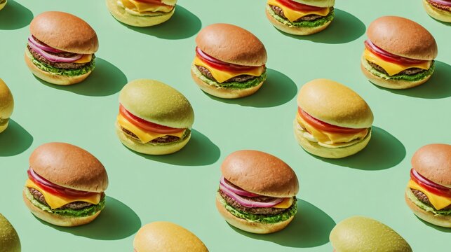 A vibrant flat lay of burgers arranged in a spiral pattern on a pastel green background with soft shadows