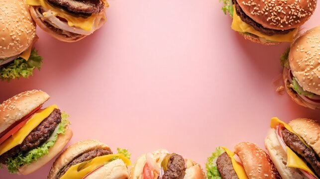 A vibrant flat lay of burgers forming a circular frame on a pastel pink background leaving center empty