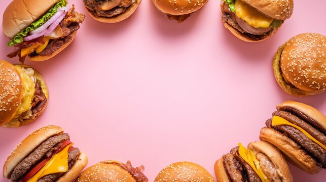 A vibrant flat lay of burgers forming a circular frame on a pastel pink background leaving center empty