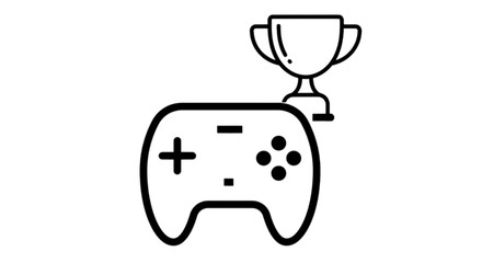 Vector image showing a classic video game controller gamepad positioned right in front of a shiny celebratory championship winners trophy cup icon © Muhammad