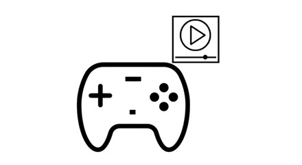 Vector image of a modern video game console controller or gamepad next to a square media streaming player icon with play button © Muhammad