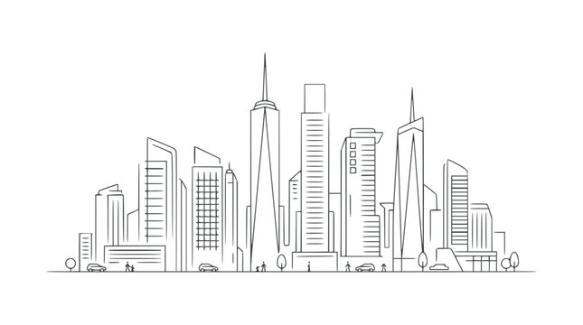 Minimalist city skyline line art illustration on white background